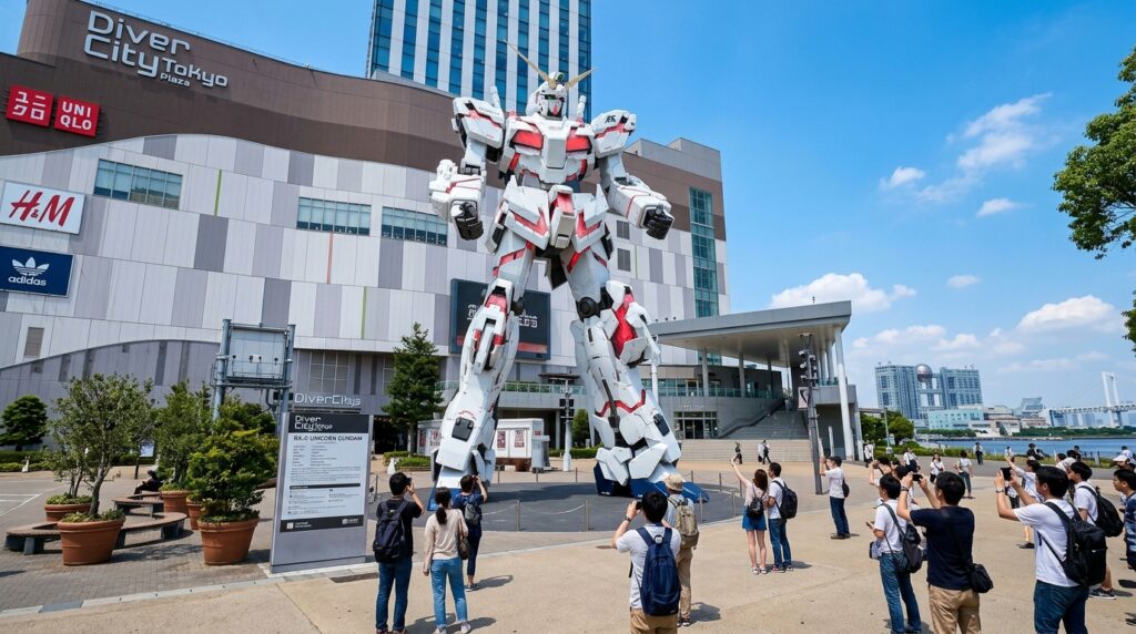 A Futuristic Island with a Giant Gundam Statue