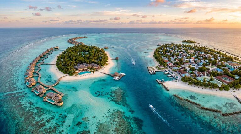 Aerial drone photography of Maldives atolls