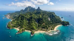 Aerial view of São Tomé island with lush green tropical rainforest