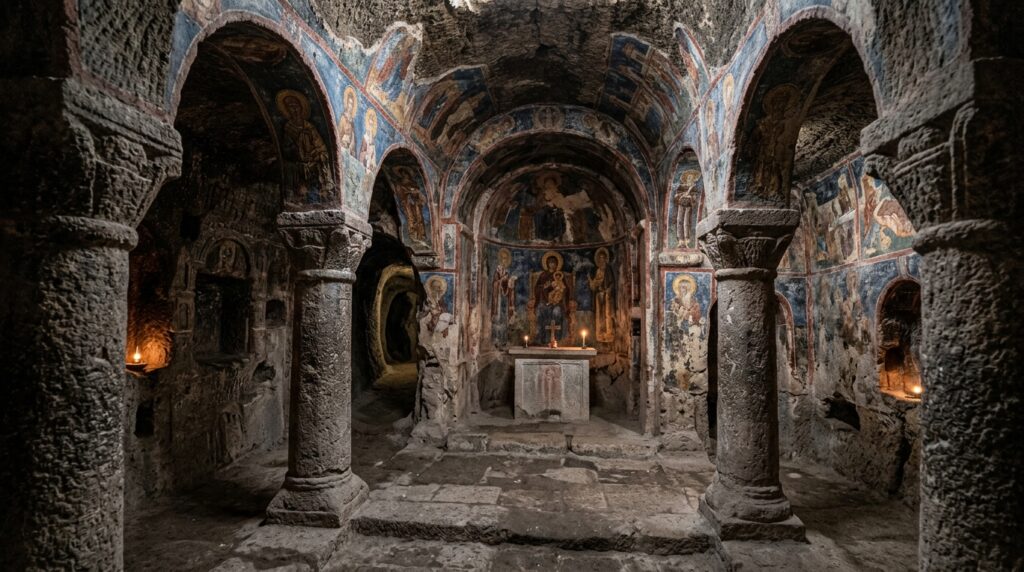 Ancient chapel carved in rock inside Mazi underground city