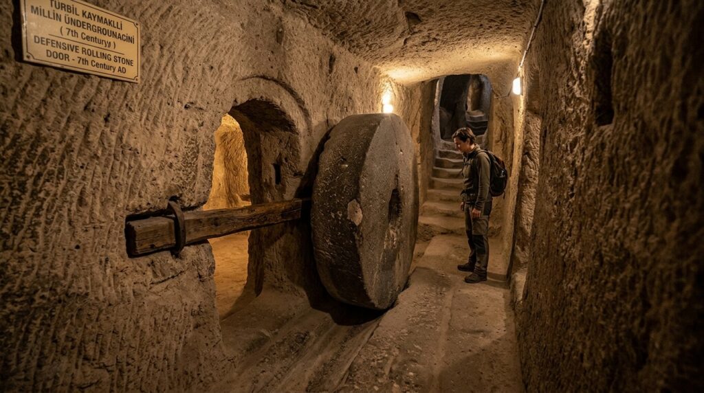 Ancient stone door mechanism in Cappadocia underground city
