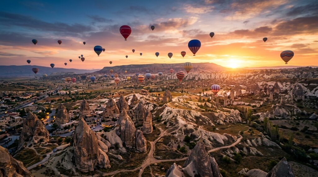 Cappadocia landscape with fairy chimneys and hot air balloons at sunrise