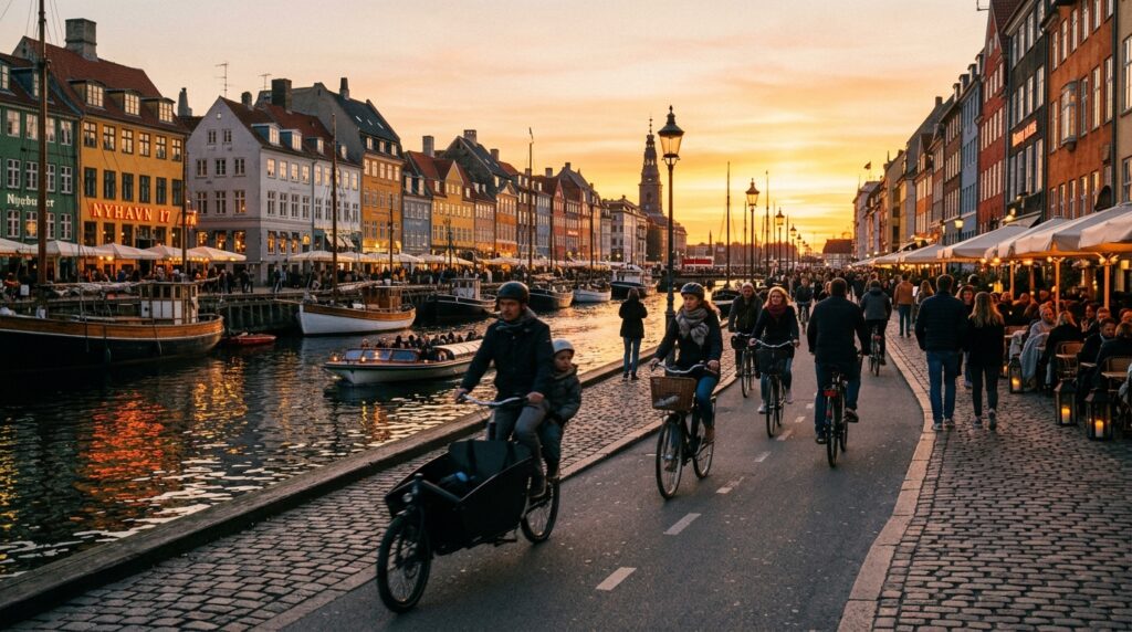 Copenhagen evening atmosphere, people cycling at sunset