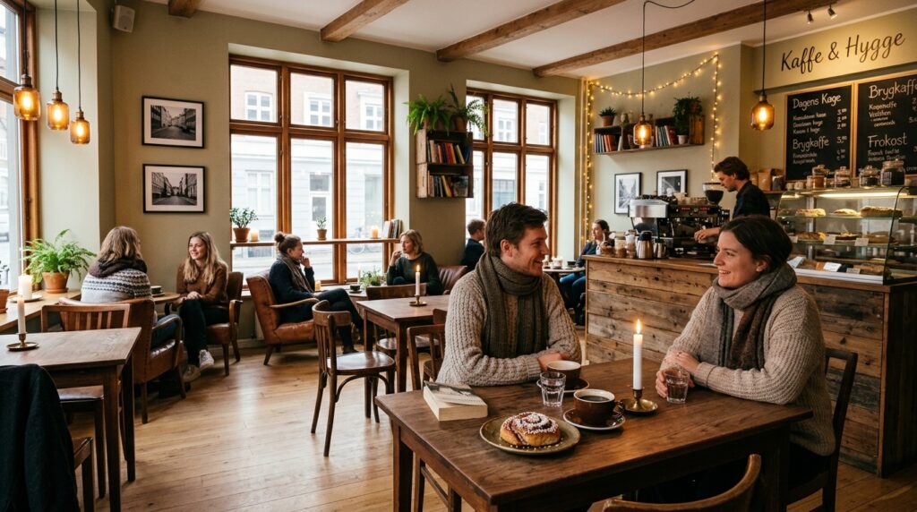 Cozy Danish café interior with warm wooden furniture