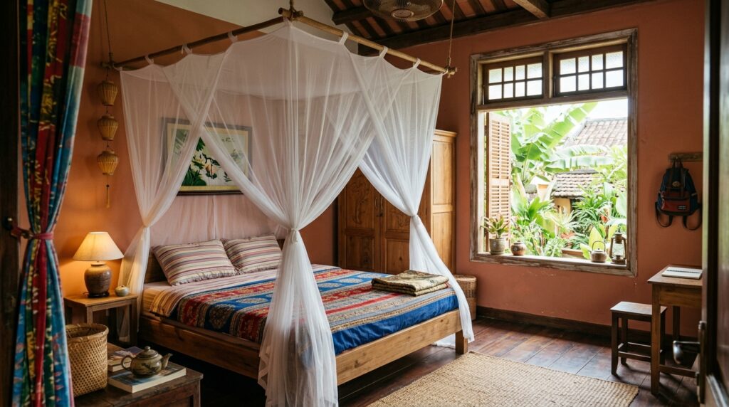 Cozy Vietnamese budget guesthouse room with traditional decor