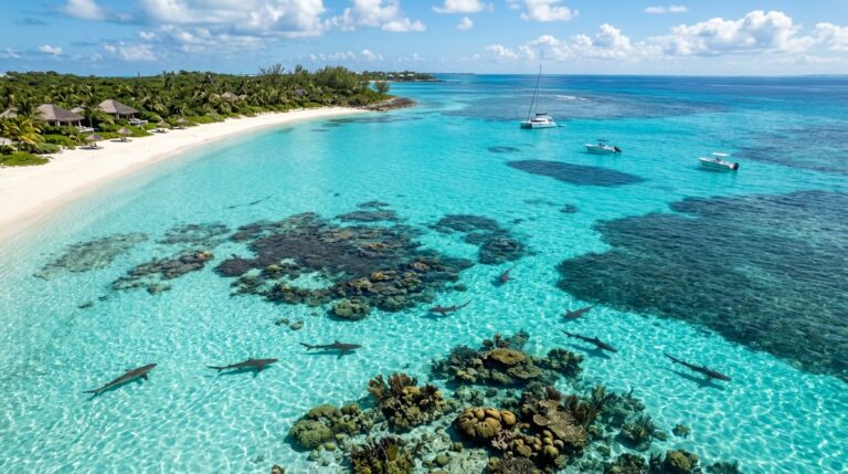 Crystal clear Bahamas waters with sharks swimming