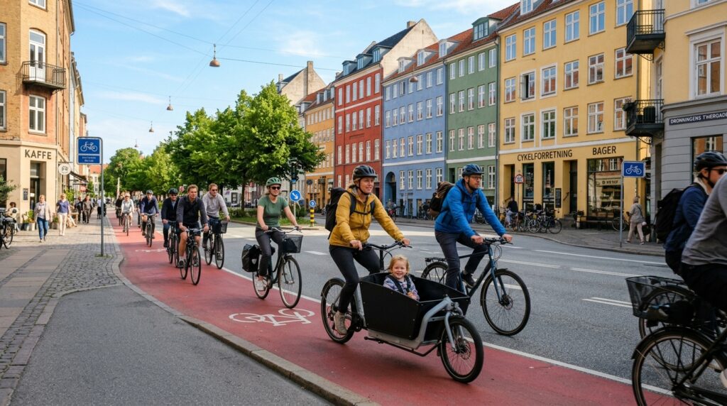 Cyclists riding on dedicated bike lanes in Copenhagen