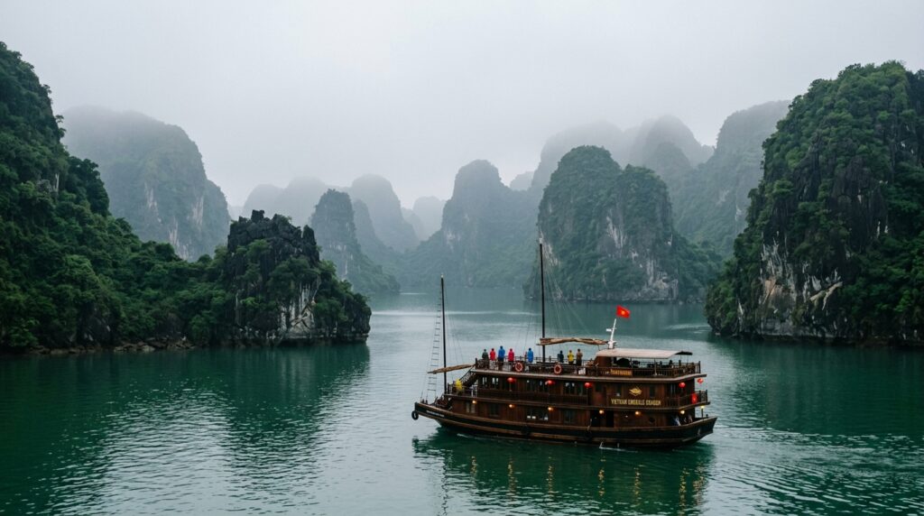 Ha Long Bay cruise boat among limestone karsts