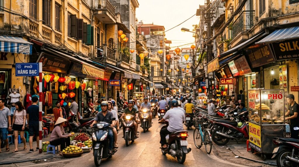 Hanoi Old Quarter bustling street scene