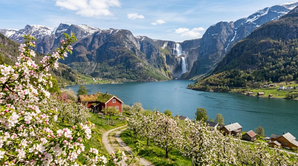 Hardangerfjord Norway with blooming apple trees in spring foreground