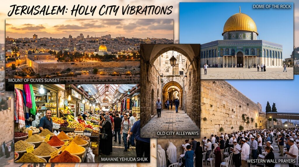 Jerusalem collage showing Western Wall prayers