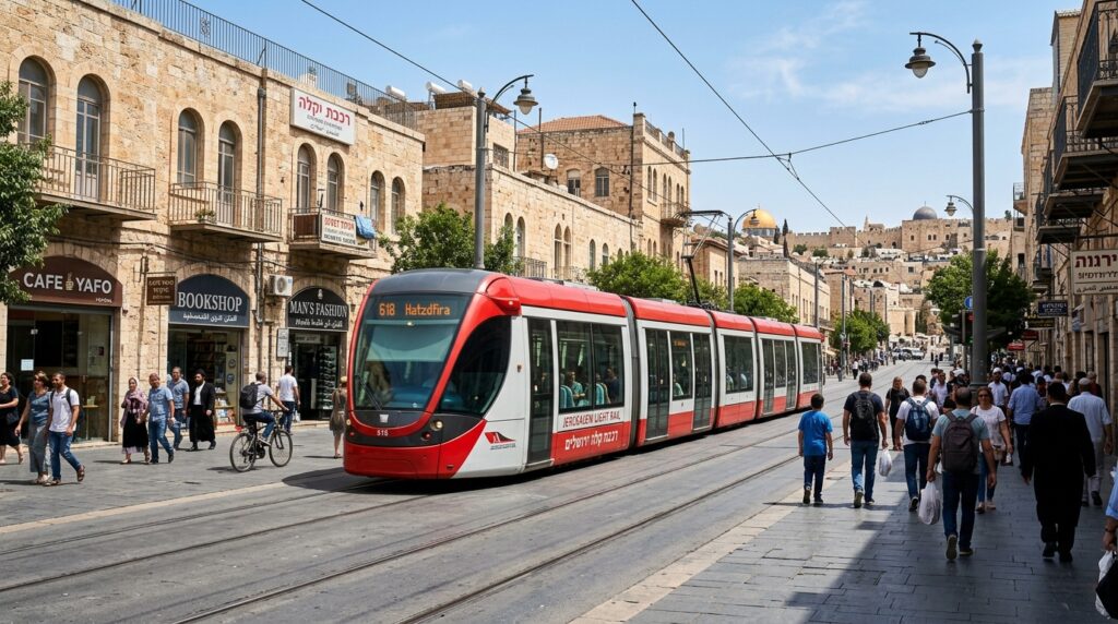 Jerusalem light rail tram moving through modern city
