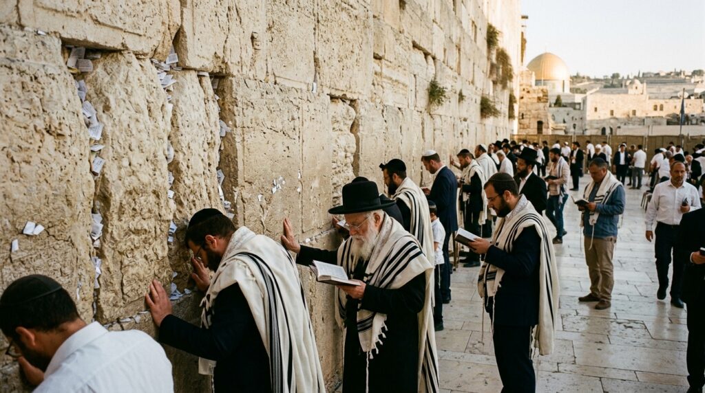 Jewish worshippers praying at the Western Wall