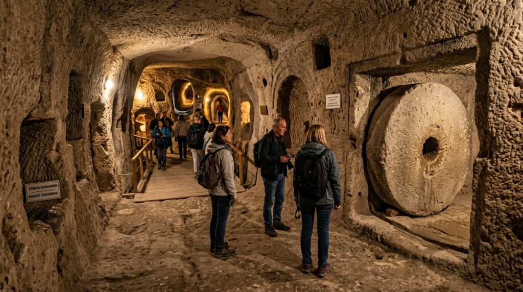 Kaymakli underground city main corridor with ancient stone millstone door