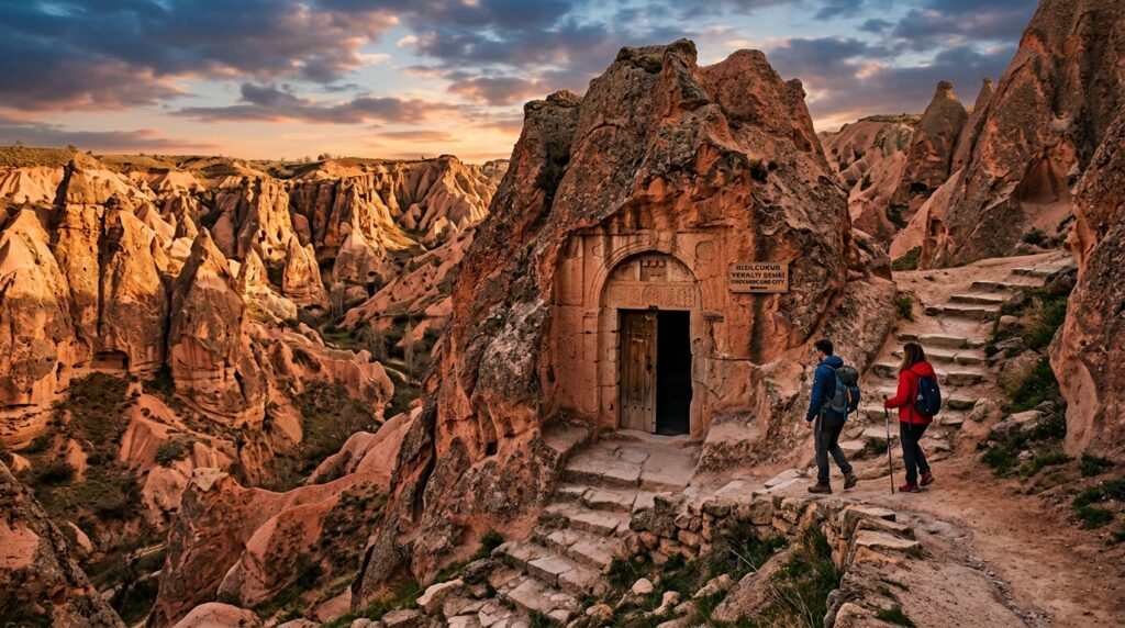 Kizilcukur underground city entrance in red rock valley