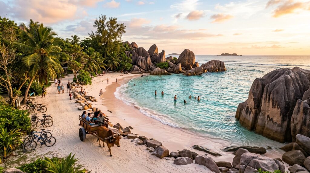 La Digue Seychelles Anse Source d'Argent beach with iconic massive granite boulders