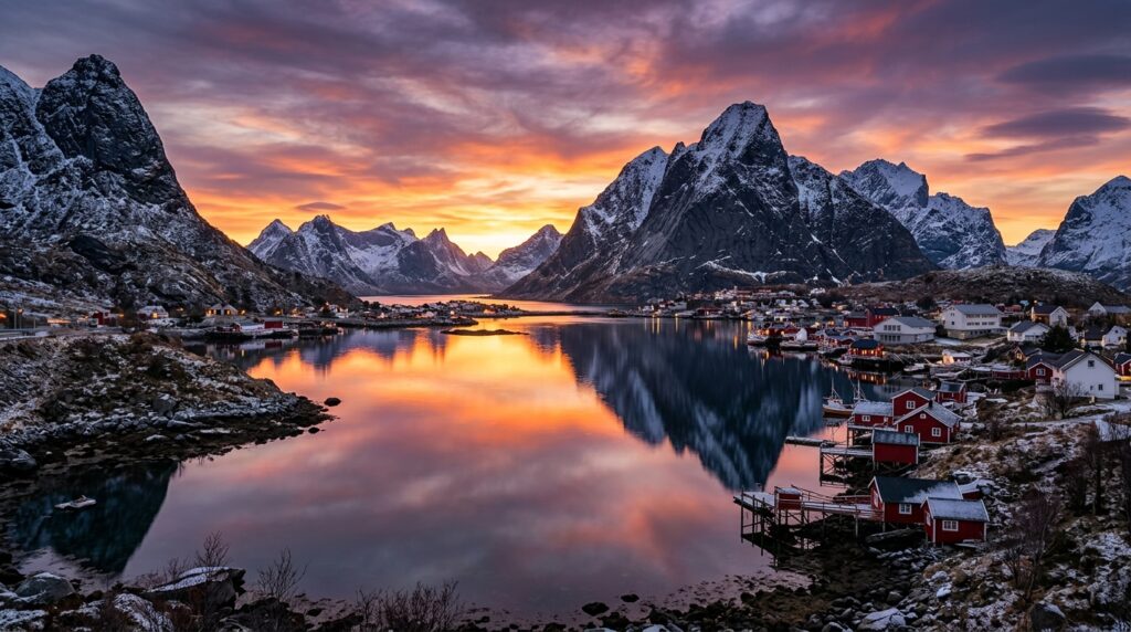 Lofoten Islands Arctic fjord at sunset