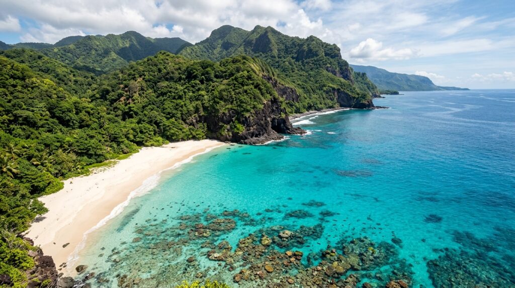 Mohéli island coastline with lush green hills