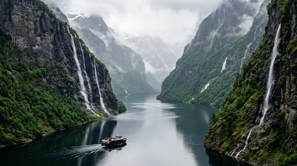 Nærøyfjord Norway UNESCO site, narrow fjord between extremely steep mountains