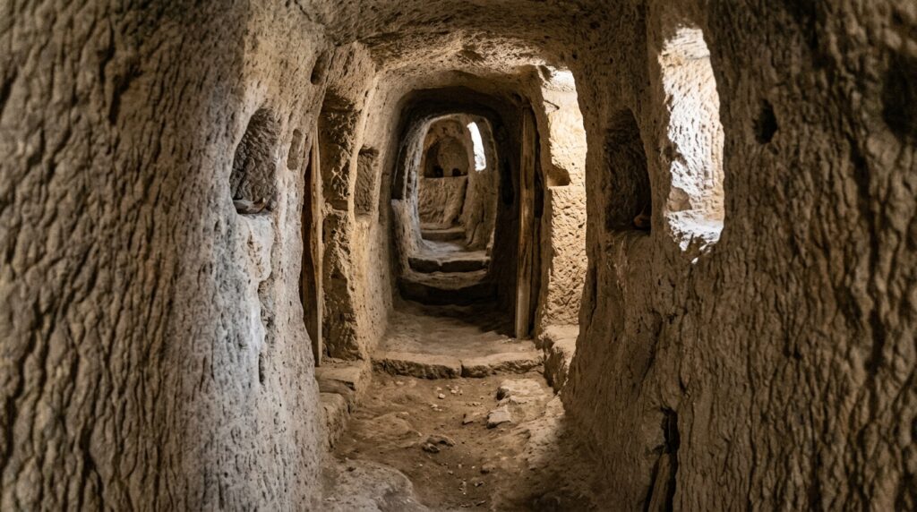 Narrow underground tunnel in Gaziemir underground city