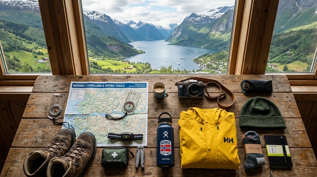 Norwegian fjord travel essentials flat lay