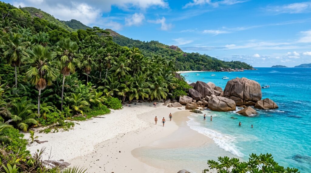 Praslin Seychelles Anse Lazio beach with massive granite boulders