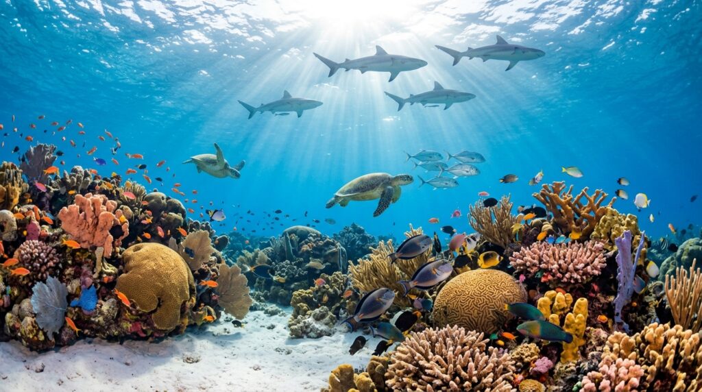 [Pristine Bahamas coral reef with sharks