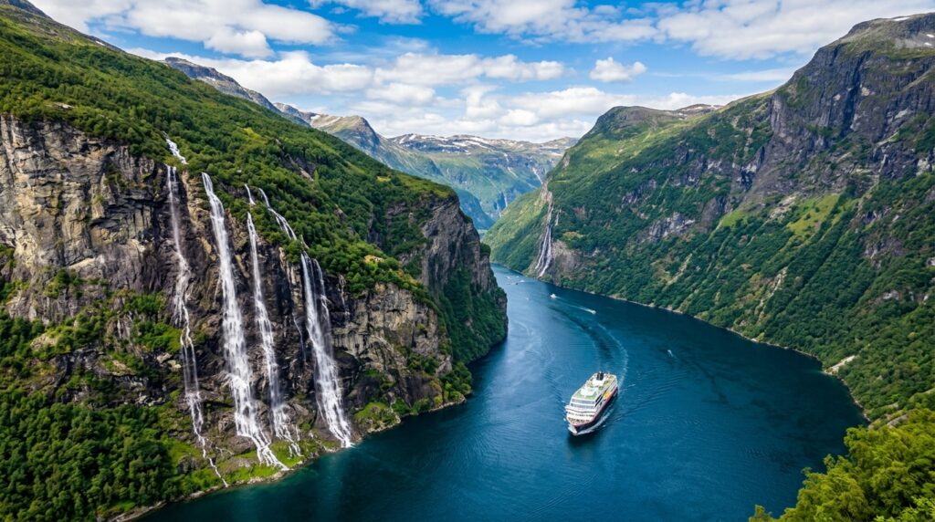 Seven Sisters waterfall cascading down steep mountain into deep blue fjord