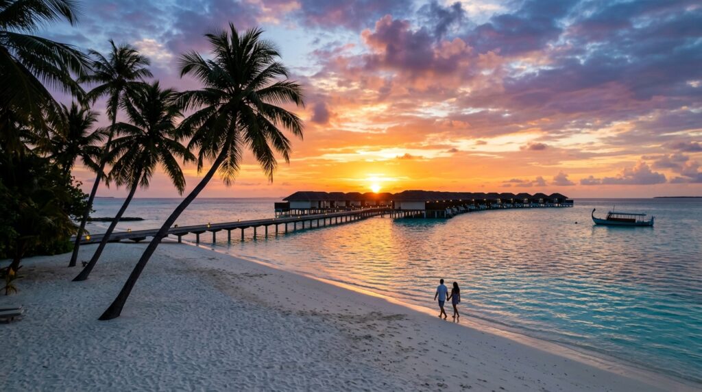 Stunning Maldives sunset over turquoise lagoon