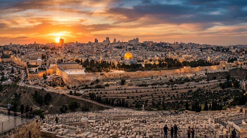 Sunset view from Mount of Olives overlooking Jerusalem