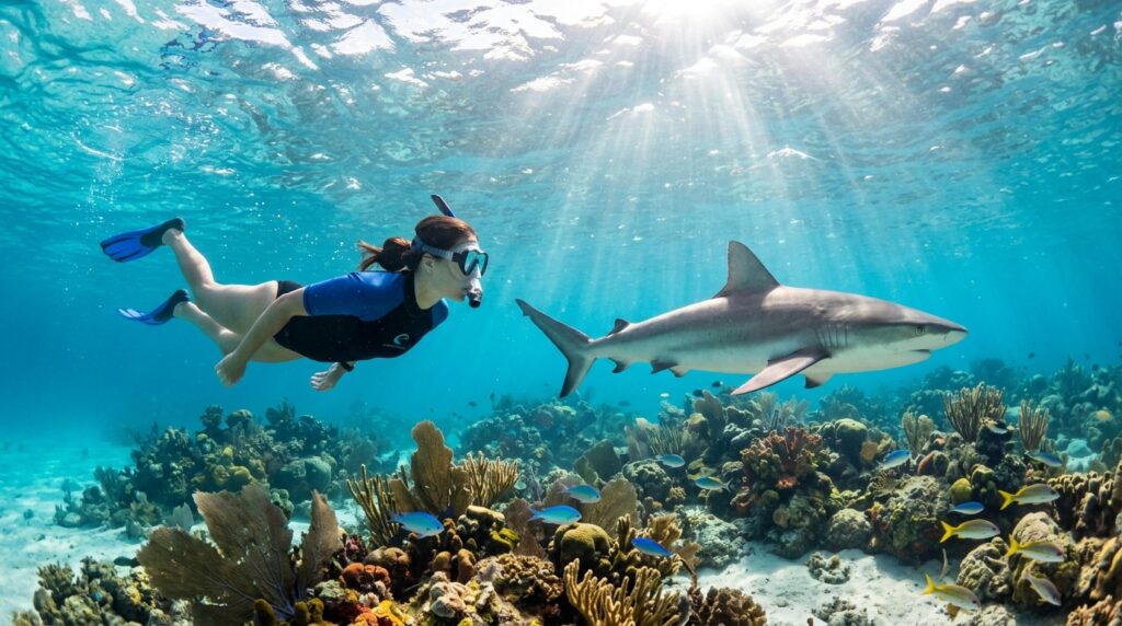 Swimmer with shark in Bahamas