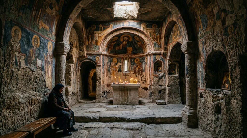 Tatlarin underground city church chamber with fresco remnants