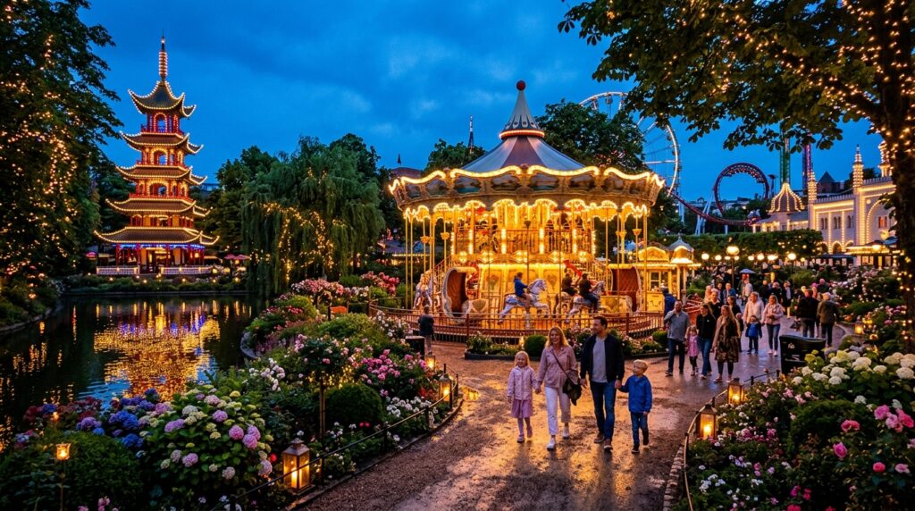 Tivoli Gardens amusement park Copenhagen at dusk,