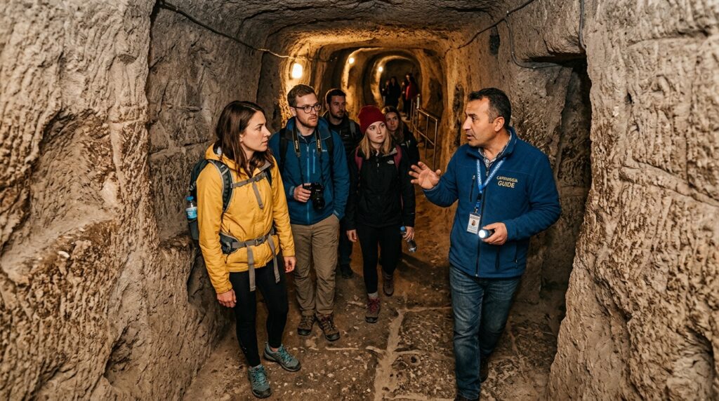 Tourists exploring Cappadocia underground city with guide