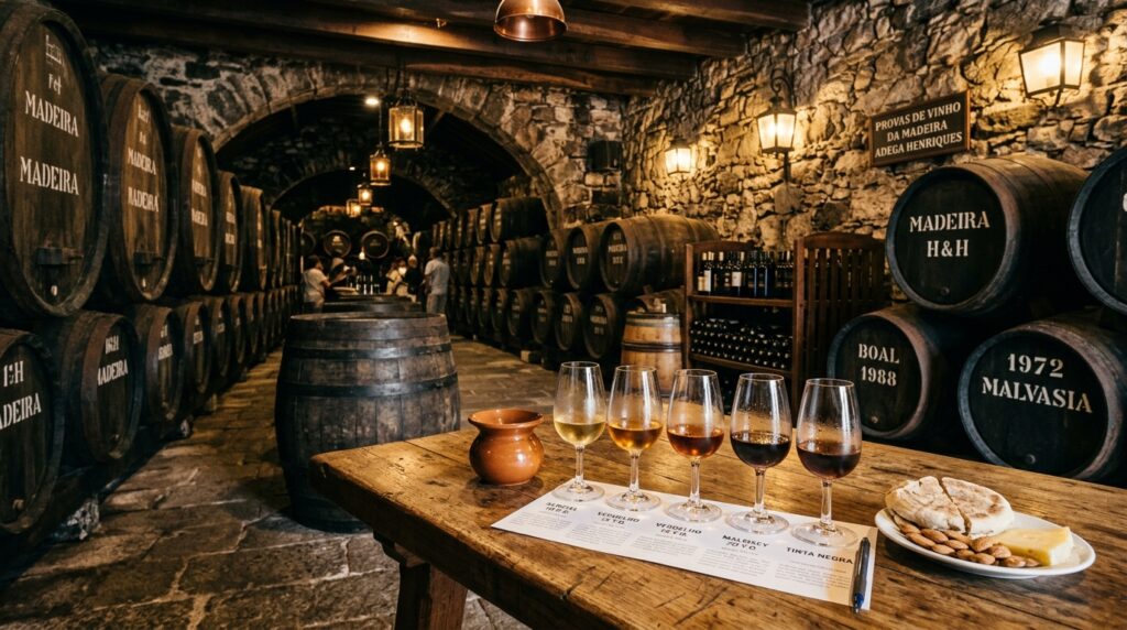 Traditional Madeira wine cellar with wooden barrels
