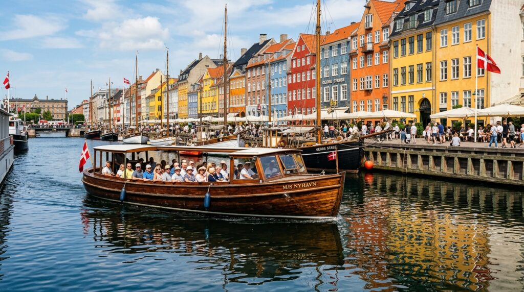 Traditional wooden canal boat cruising through Copenhagen