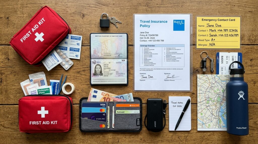 Travel insurance documents, passport, emergency contact card