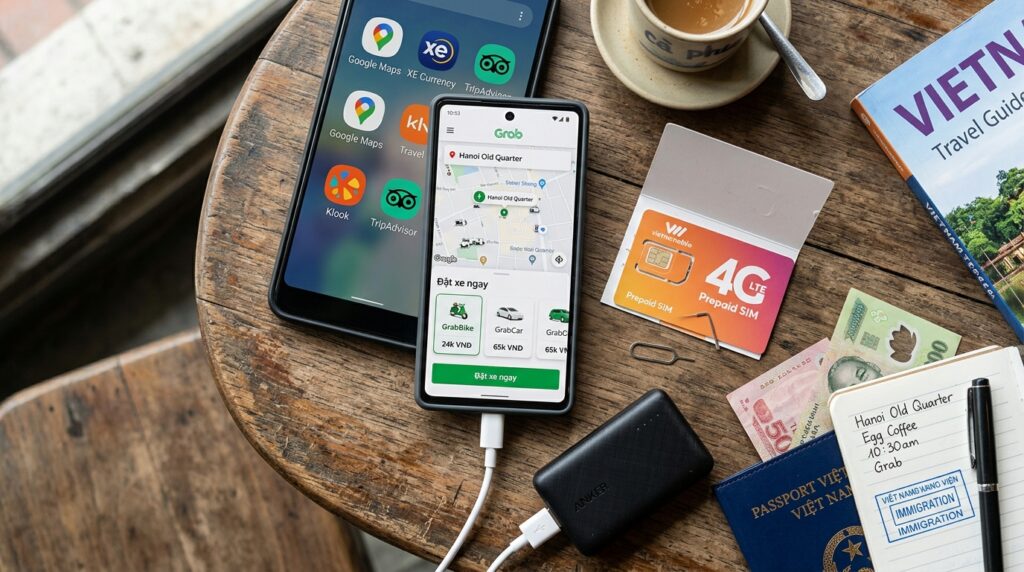 Vietnamese local SIM card and smartphone with travel apps