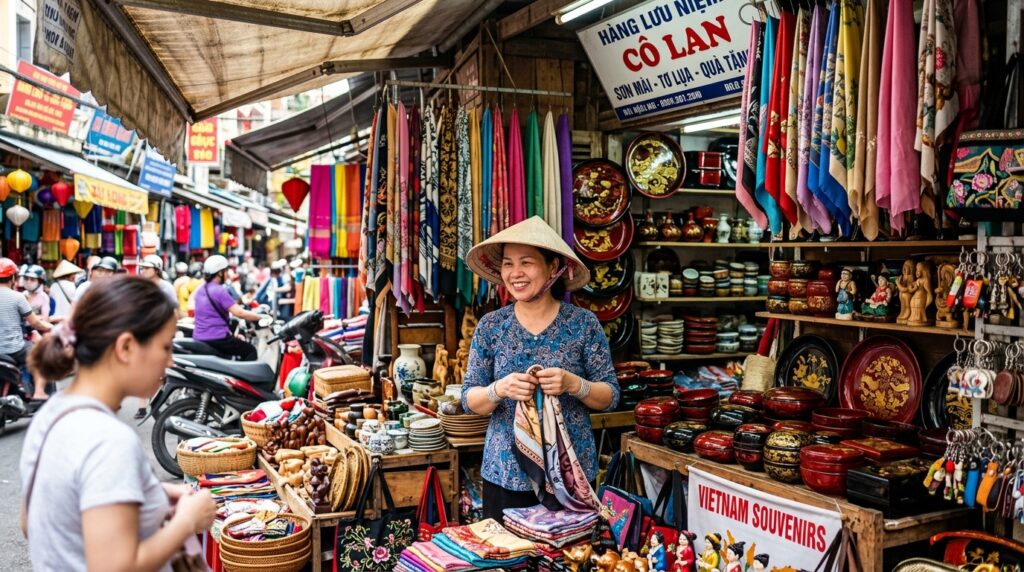 Vietnamese local market stall with colorful souvenirs