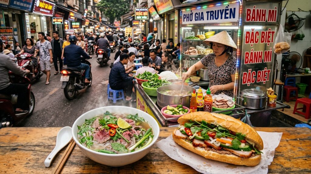 Vietnamese street food scene, steaming bowl of pho with fresh herbs