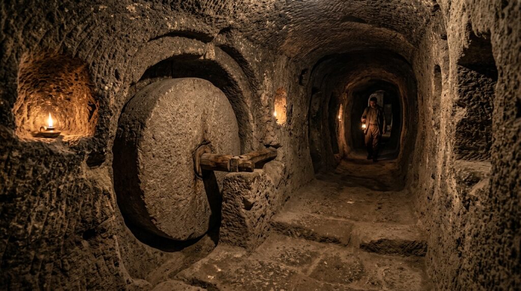 ancient underground city tunnel with stone door mechanism