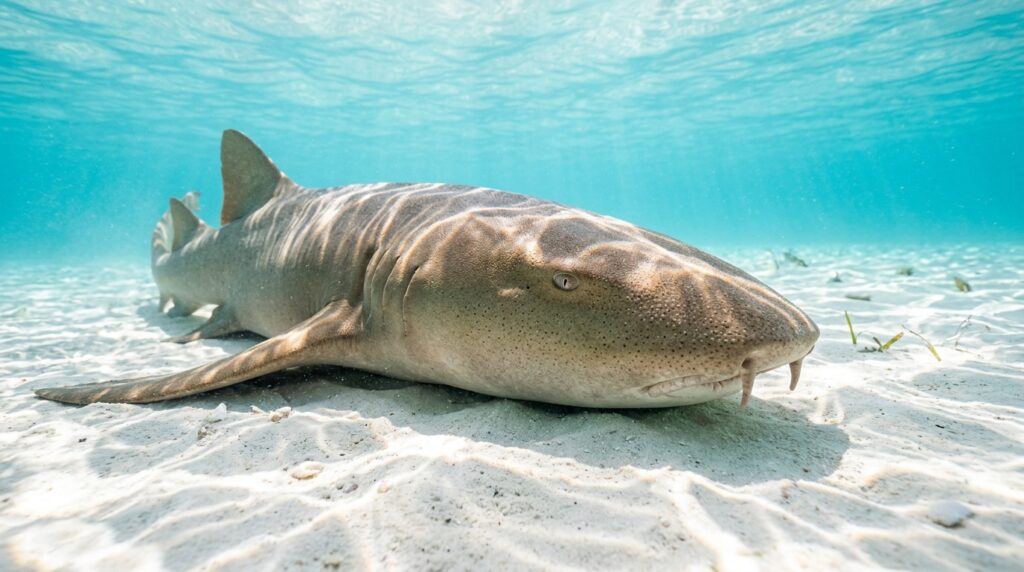 nurse shark resting on a bright white sandy ocean floor