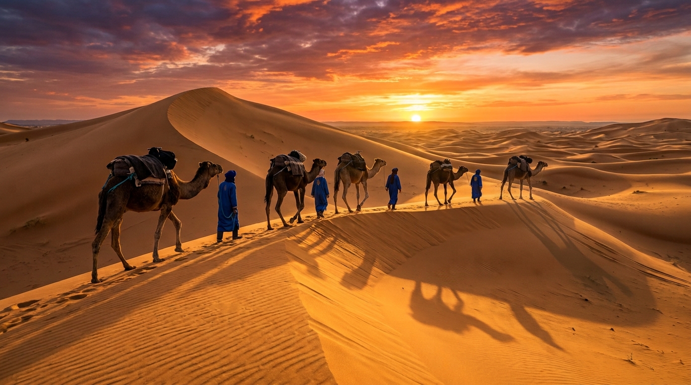 A camel caravan of five camels with Berber guides
