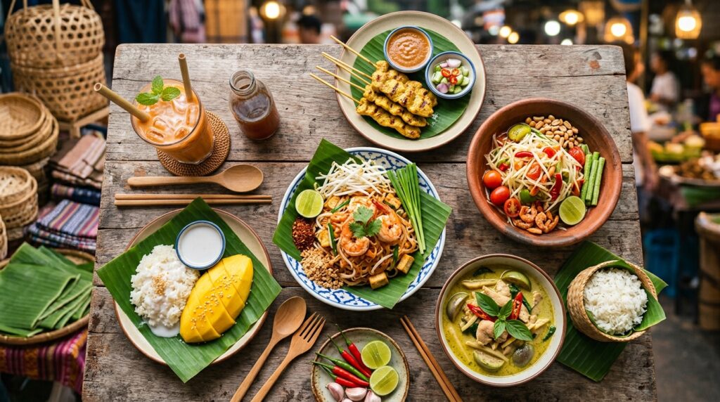 A spread of Thai street food dishes including pad thai, som tam and mango sticky rice.