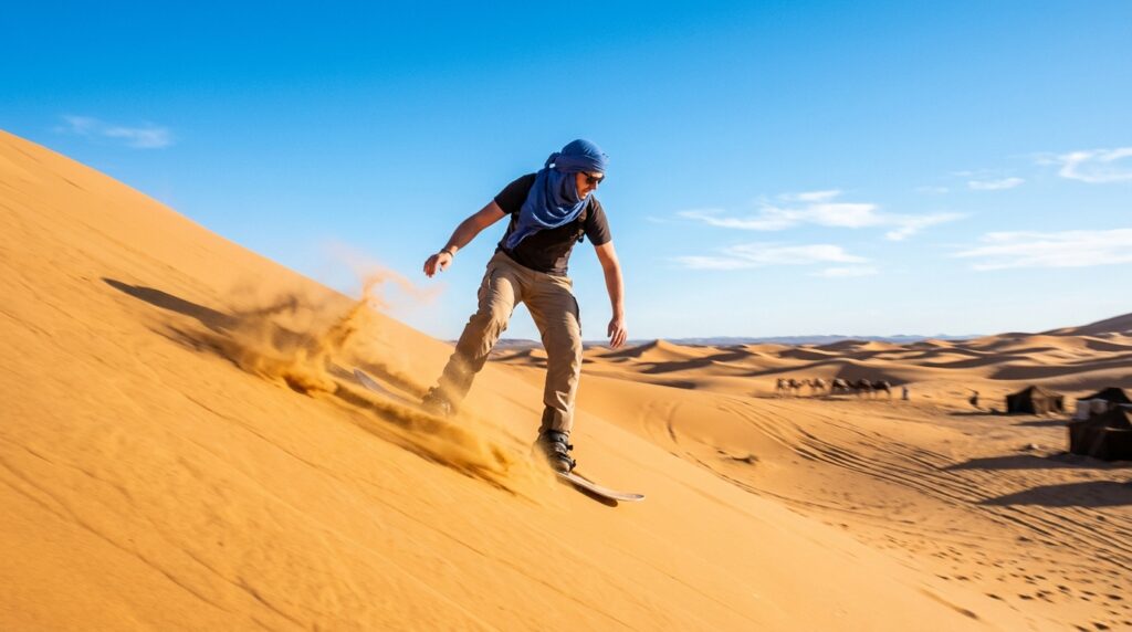 A traveler sandboarding down a steep golden dune in Merzouga