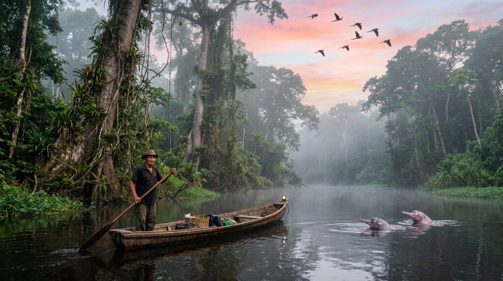 Atmospheric photograph of the Amazon rainforest at dawn