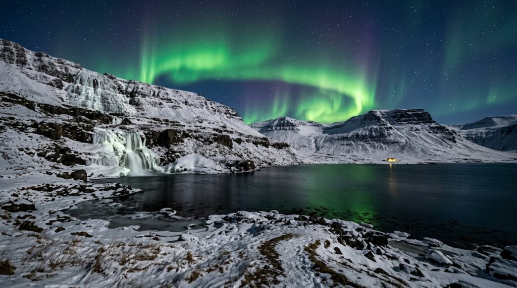 Aurora borealis over a snowy fjord in the Westfjords, Iceland