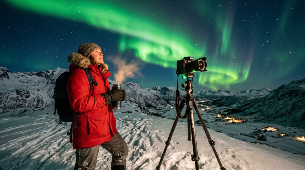 Aurora hunter with camera and tripod under the northern lights
