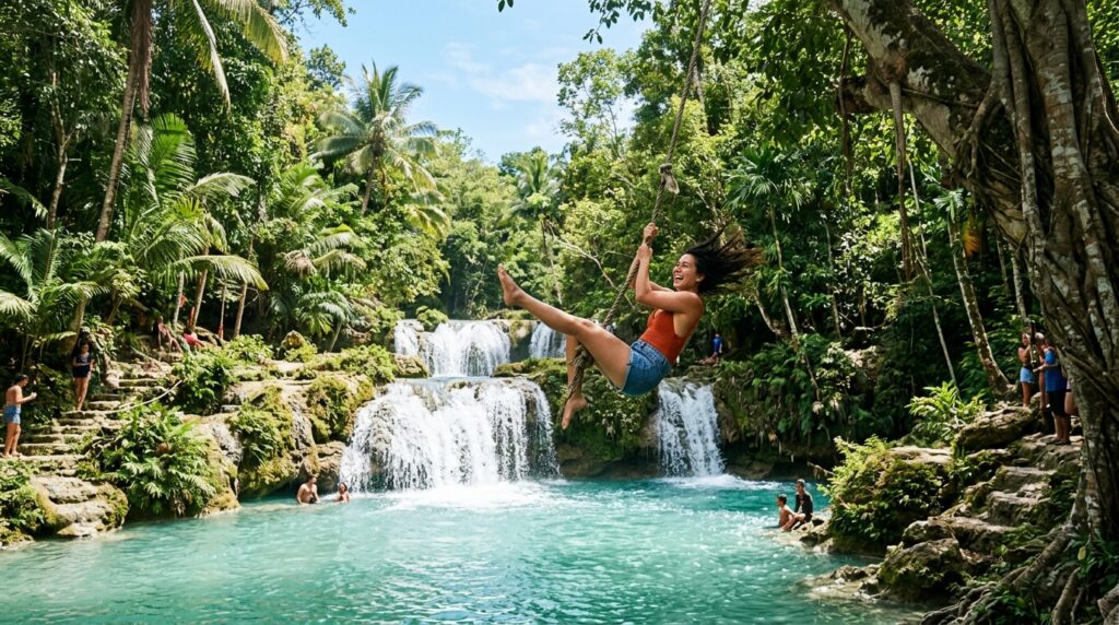 Cambugahay Falls and rope swing on mystical Siquijor Island, Philippines