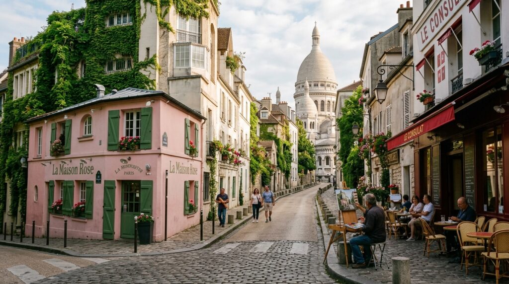 Cobblestone street in Montmartre with Sacré-Cœur in the background